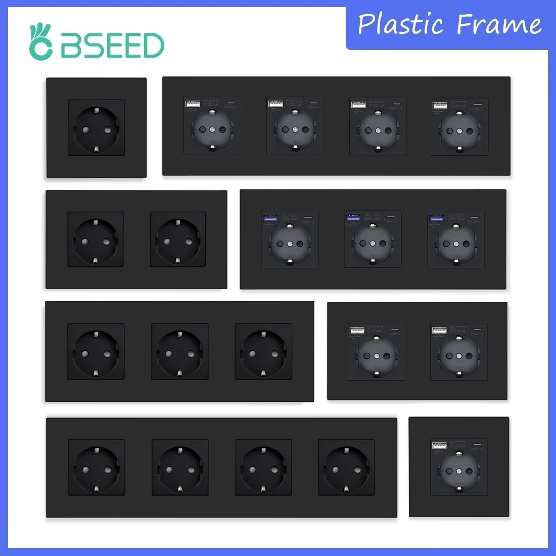 BSEED-enchufe de pared individual de la UE, enchufes USB dobles tipo c, enchufes de corriente triples, cuatro tomas de corriente, puerto USB C 2.1A, marco de plástico - imagen 2