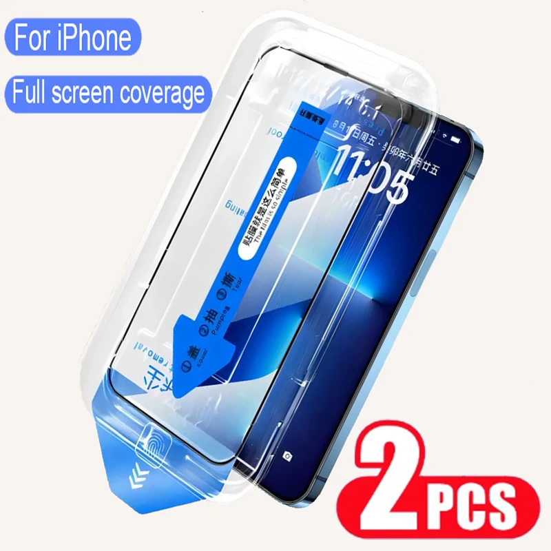 Protector de pantalla de vidrio templado para iPhone 15, 14, 13, 12, 11 Pro Max, iPhone 15 14 Pro Plus, Kit de instalación automática de eliminación de polvo, 2 uds.