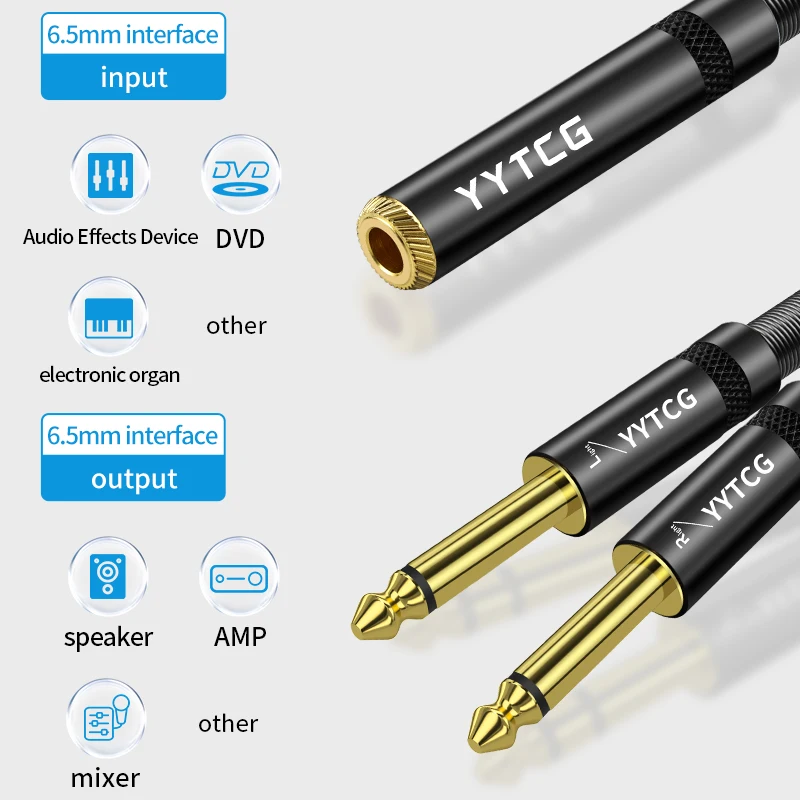 Conector hembra de 6,35mm a doble 6,5mm macho Aux TRS Cable Aux Dual de 6,5mm para amplificador mezclador altavoz adaptador divisor de 6,35mm - imagen 3