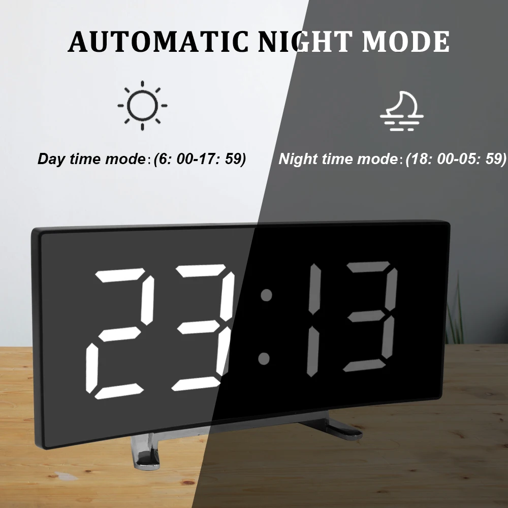 Reloj despertador Digital, reloj de mesa de escritorio, pantalla LED curvada, relojes de alarma para dormitorio, función de repetición de temperatura, reloj de decoración del hogar - imagen 3