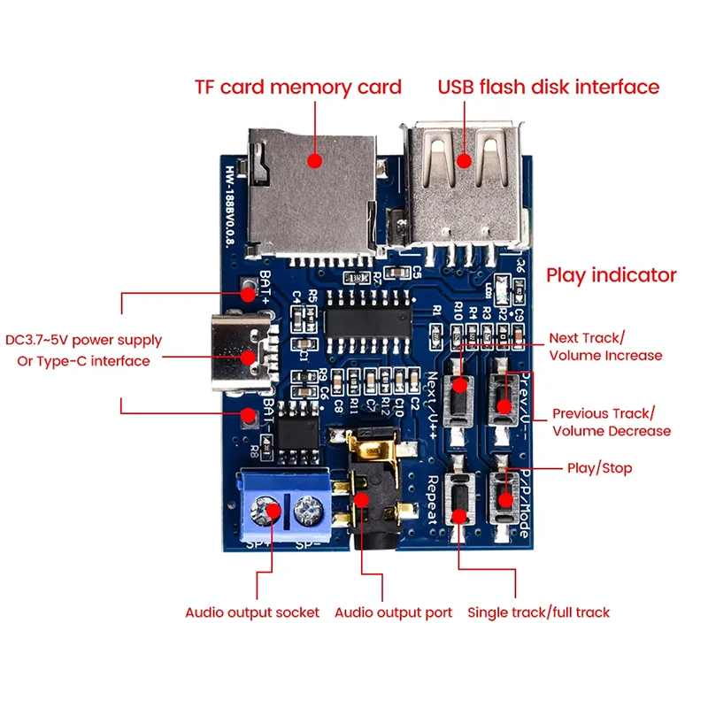 Tarjeta TF, disco U, módulo de placa decodificadora de formato MP3, amplificador Micro USB tipo C, decodificación, reproductor de Audio, placa PCB DC 3,7-,5 V - imagen 3