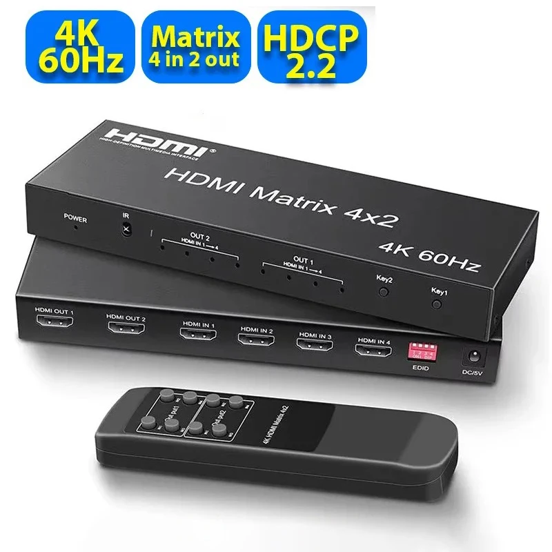 Conmutador de matriz HDMI 4K @ 60Hz 4x2, 4 entradas y 2 salidas, divisor de vídeo de matriz HDMI con conector óptico de 3,5mm, salida de Audio 3D HDCP2.2 EDID - imagen 3