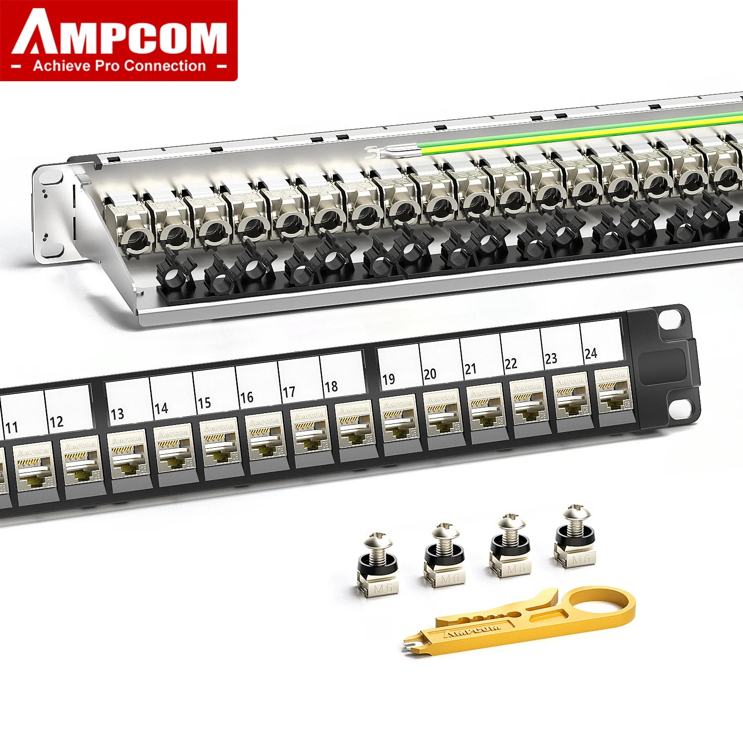 AMPCOM 1U Panel de conexión Keystone STP de 24 puertos, montado en rack con conector Keystone CAT8/7A/7/6A/6 sin herramientas, barra de gestión de cables trasera