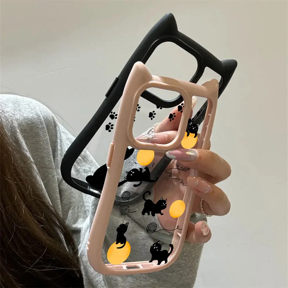 Funda de teléfono con orejas de gato negro para iPhone 16 15 14 13 12 11 Pro Max, parachoques de silicona suave acrílico duro transparente - imagen 4