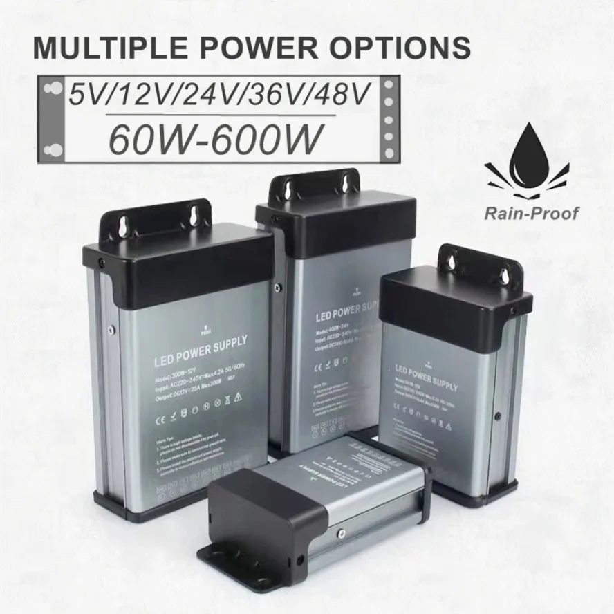 Fuente de alimentación a prueba de lluvia de grado de ingeniería, ventilador de refrigeración de potencia completa AC 220V a DC 12V 24V, controlador LED impermeable a prueba de polvo para exteriores