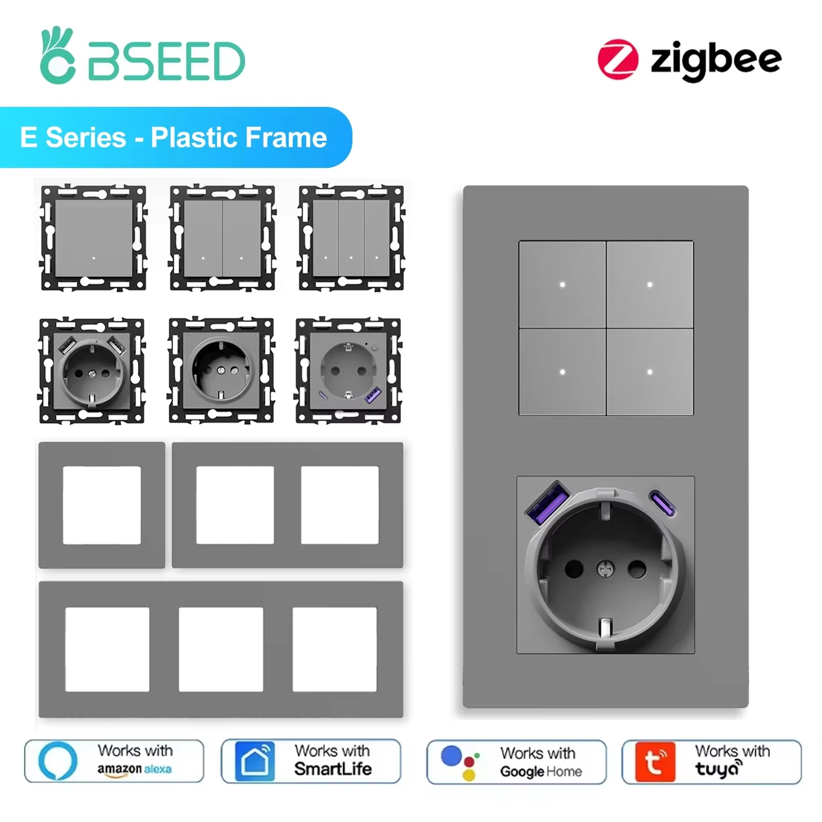 BSEED Zigbee-interruptores de luz inteligentes, interruptores de botón atenuador de pared, enchufes USB tipo c UE/FR, módulos DIY, solo marcos de plástico