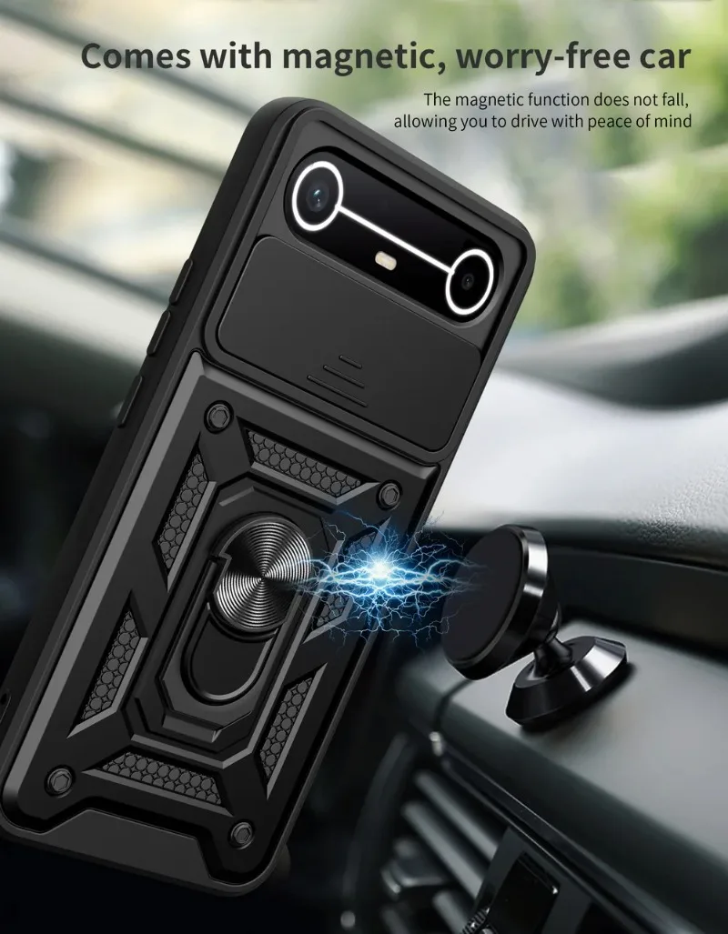 Funda de teléfono con protección de lente de cámara deslizante para Tecno Spark Slim Ring Stand cubierta trasera híbrida a prueba de golpes para Tecno Pova Slim - imagen 3