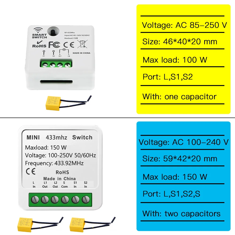 Interruptor de luz de 2 vías sin neutro, Mini módulo controlador inalámbrico de relé de 1/2 canales interruptor de pared de Control remoto RF 110v 220v ON/OFF - imagen 5