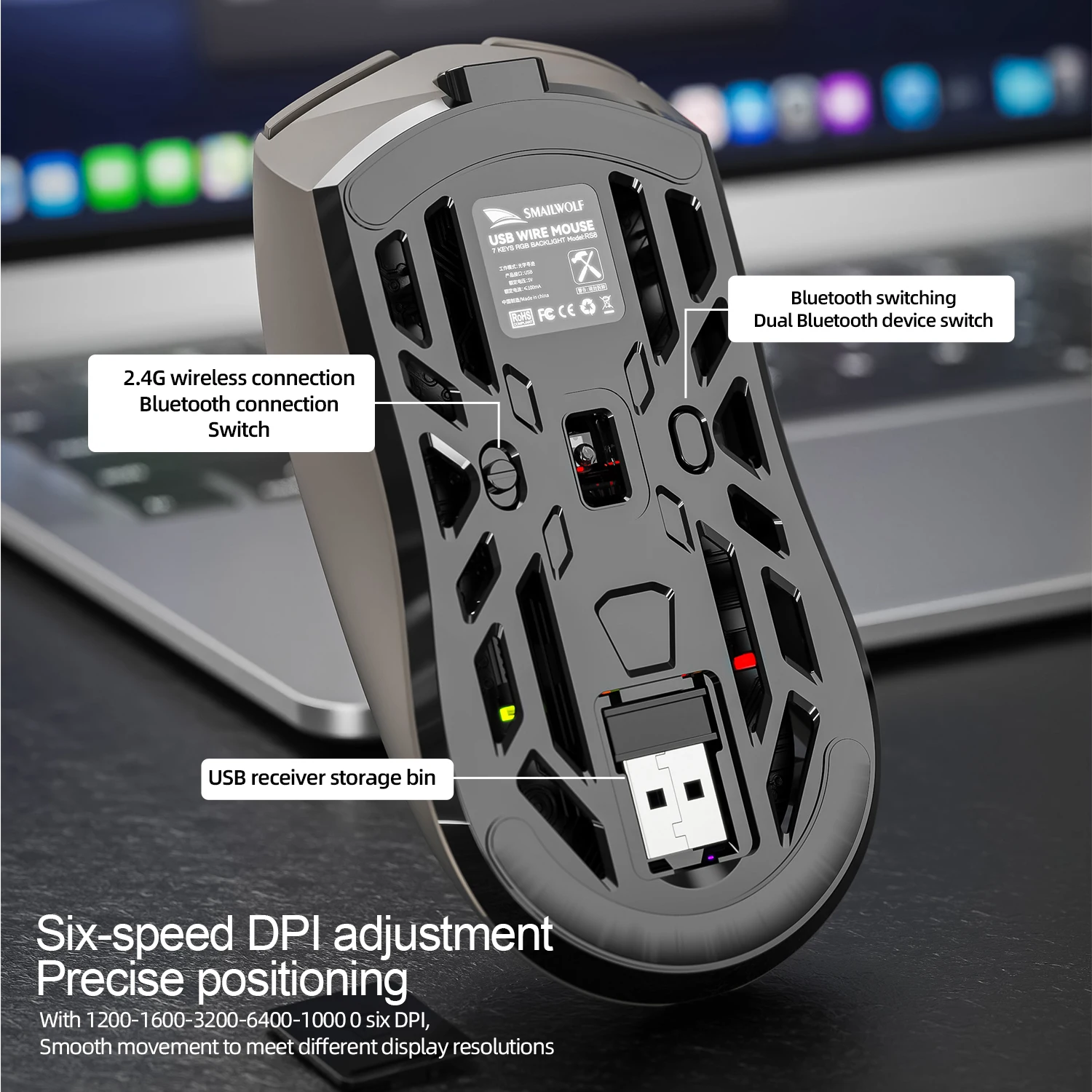 Ratón Bluetooth SMAILWOLF RS8 1000Hz, 10000dpi, conexión de tres modos, ratón macro ligero para juegos, ordenador portátil - imagen 3
