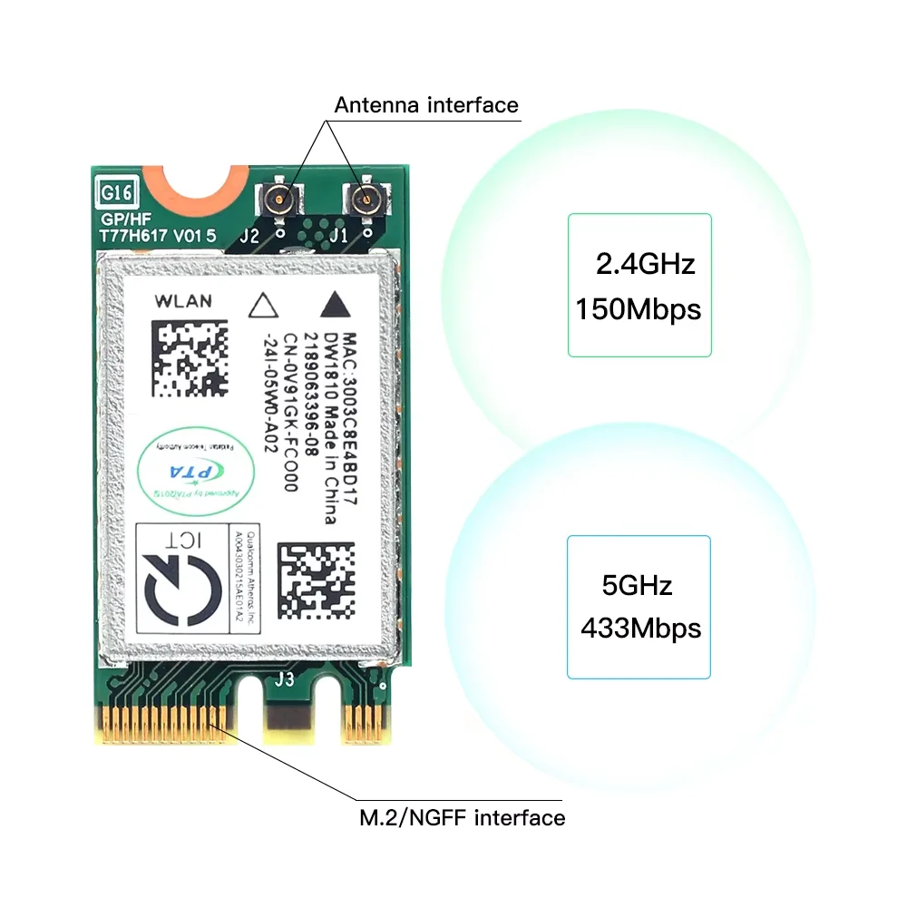 Tarjeta WiFi QCA9377 de doble banda, adaptador Bluetooth 4,1 de 433Mbps, adaptador de red NGFF 802.11AC QCNFA435 para Win7/8/10 para PC/portátil - imagen 2