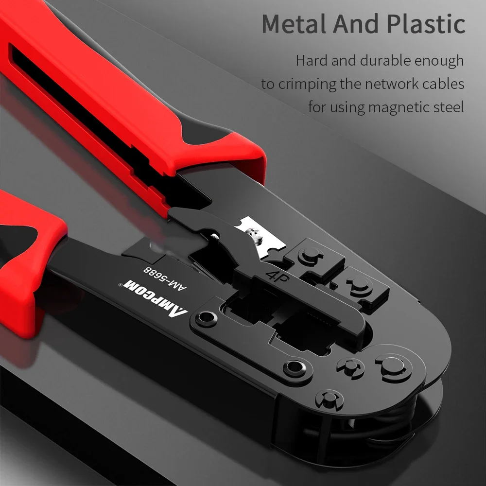 Herramienta de prensado AMPCOM RJ45 y RJ12, RJ11, cortador pelador de cables de red, herramienta de engarzado para 4P 6P 8P RJ-11/RJ-12 RJ-45 - imagen 4