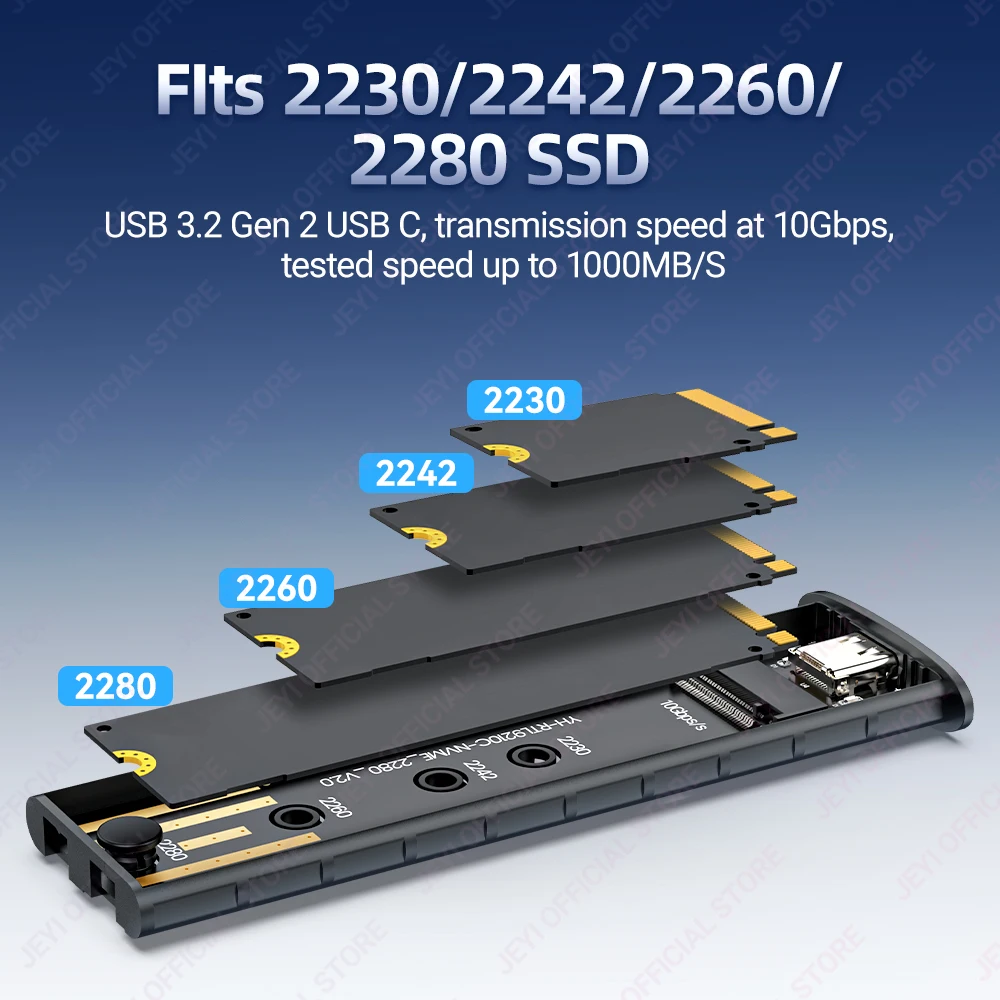 JEYI-Adaptador de carcasa SSD M.2 NVME de aluminio, USB 3,2 Gen 2 (10 gbps) a NVME m-key/(B + M) Key SSD, carcasa externa con embellecedor UASP - imagen 3