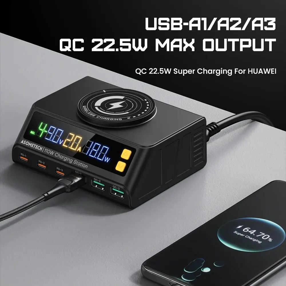 Cargador USB 7 en 1 de 110W con estación de carga inalámbrica PPS PD USB tipo C cargador rápido para ordenador portátil iPhone 15 14 Samsung S23 Ultra - imagen 4