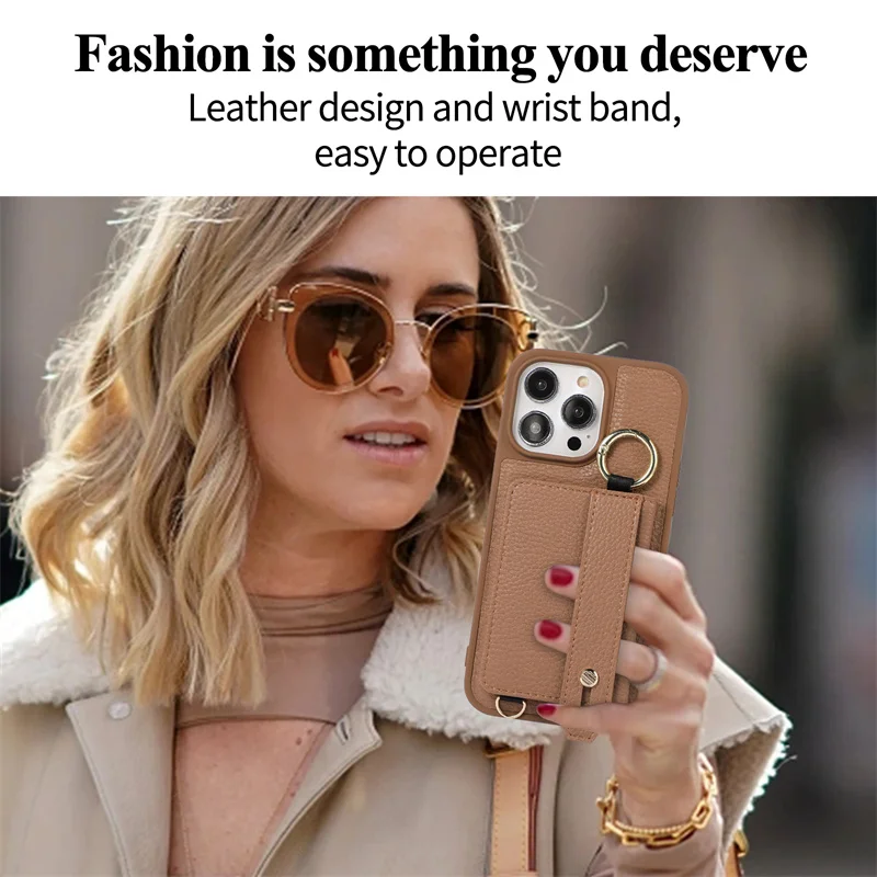 Funda de cuero con textura de lichi y cordón largo para iPhone 15, 14 Plus, 15, 13, 12, 11 Pro Max, funda trasera con soporte para correa para la muñeca - imagen 4