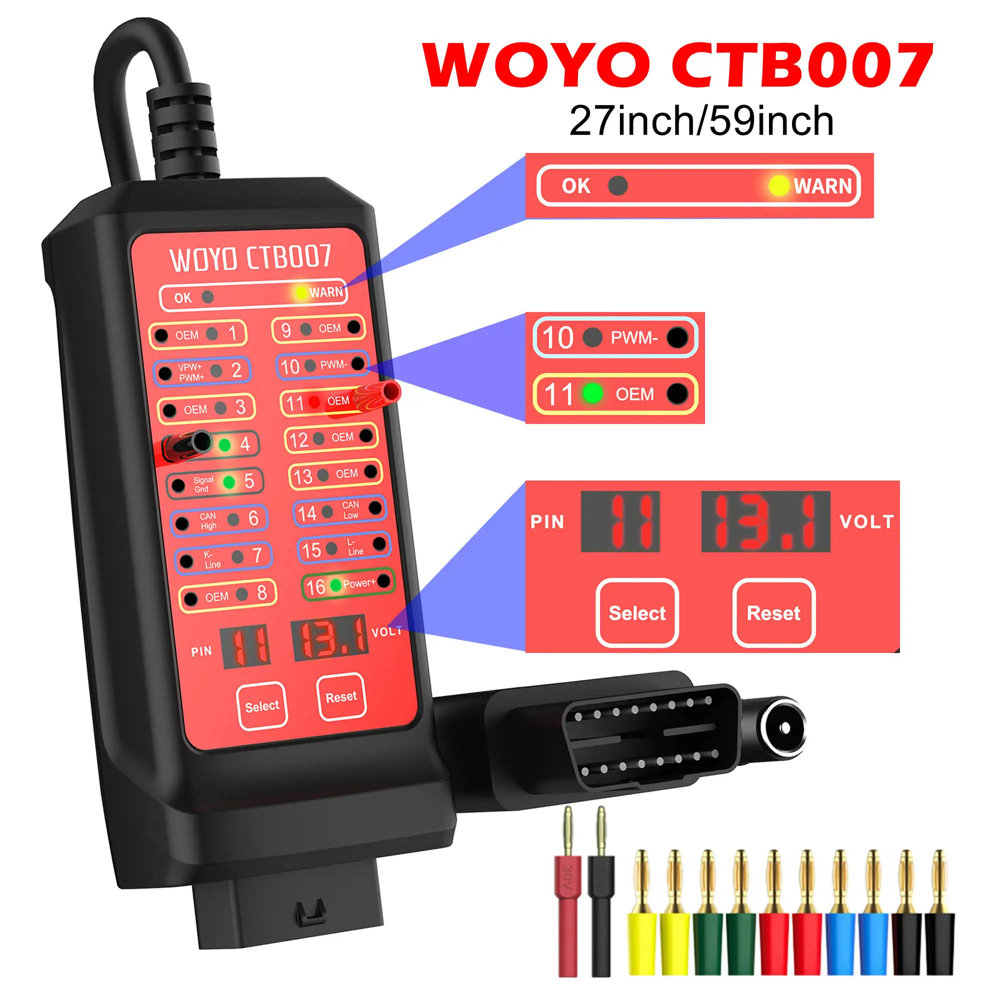 WOYO CTB007 Caja de prueba CAN 12V 24V OBD2 Caja de ruptura con cable de 27/59 pulgadas para todos los herramientas de diagnóstico automotriz