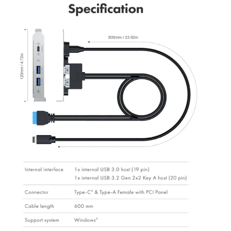 Cable de base USB 3.2 trasero PCI, 20 Gbps tipo E a USB-C, 19 pines 20 pines a 2 tipo A 2 cable hembra USB 3.0 - imagen 4