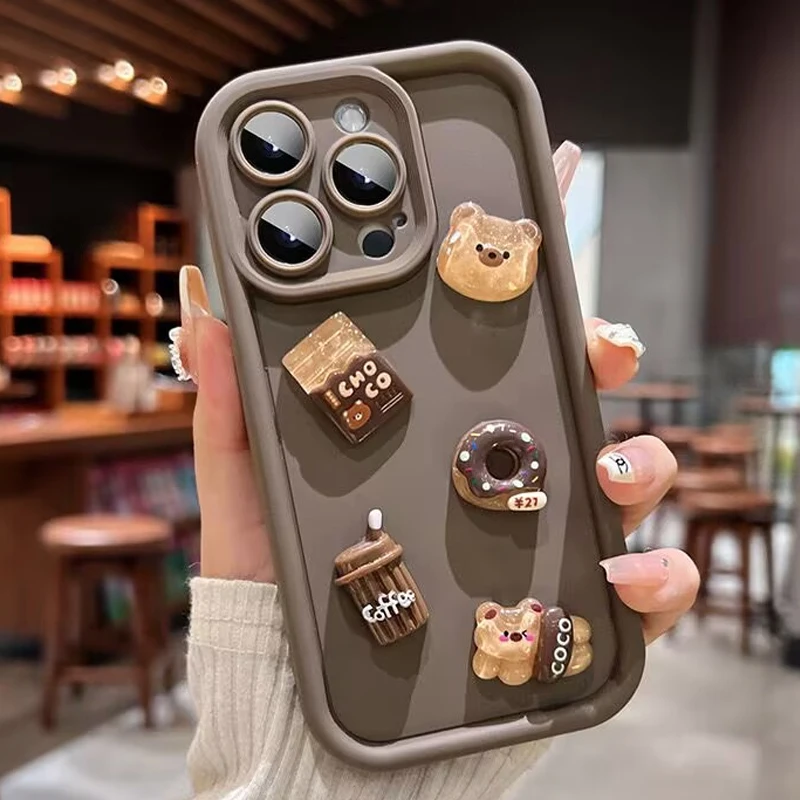 Funda de teléfono con bonito oso 3D, miel, Donut, café, para iPhone 11, 12, 13, 14, 15, 16 Pro Max 7, 8 Plus X XS XR, funda suave de silicona a prueba de golpes - imagen 5