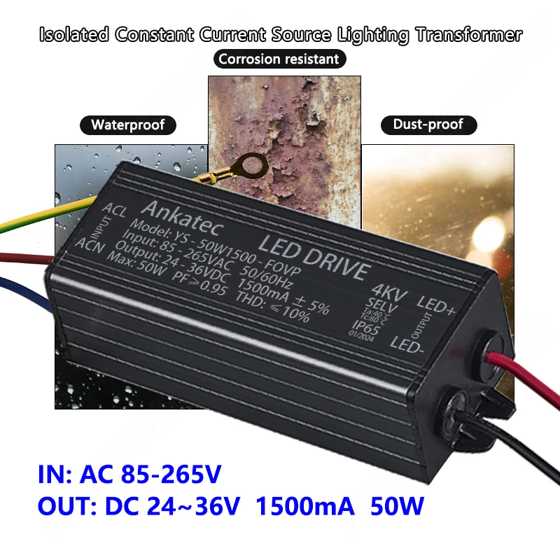 Controlador LED 50W 1500mA impermeable IP65 transformador de iluminación adaptador AC85-265V a DC 24-36V COB Chip fuente de alimentación de corriente constante - imagen 2