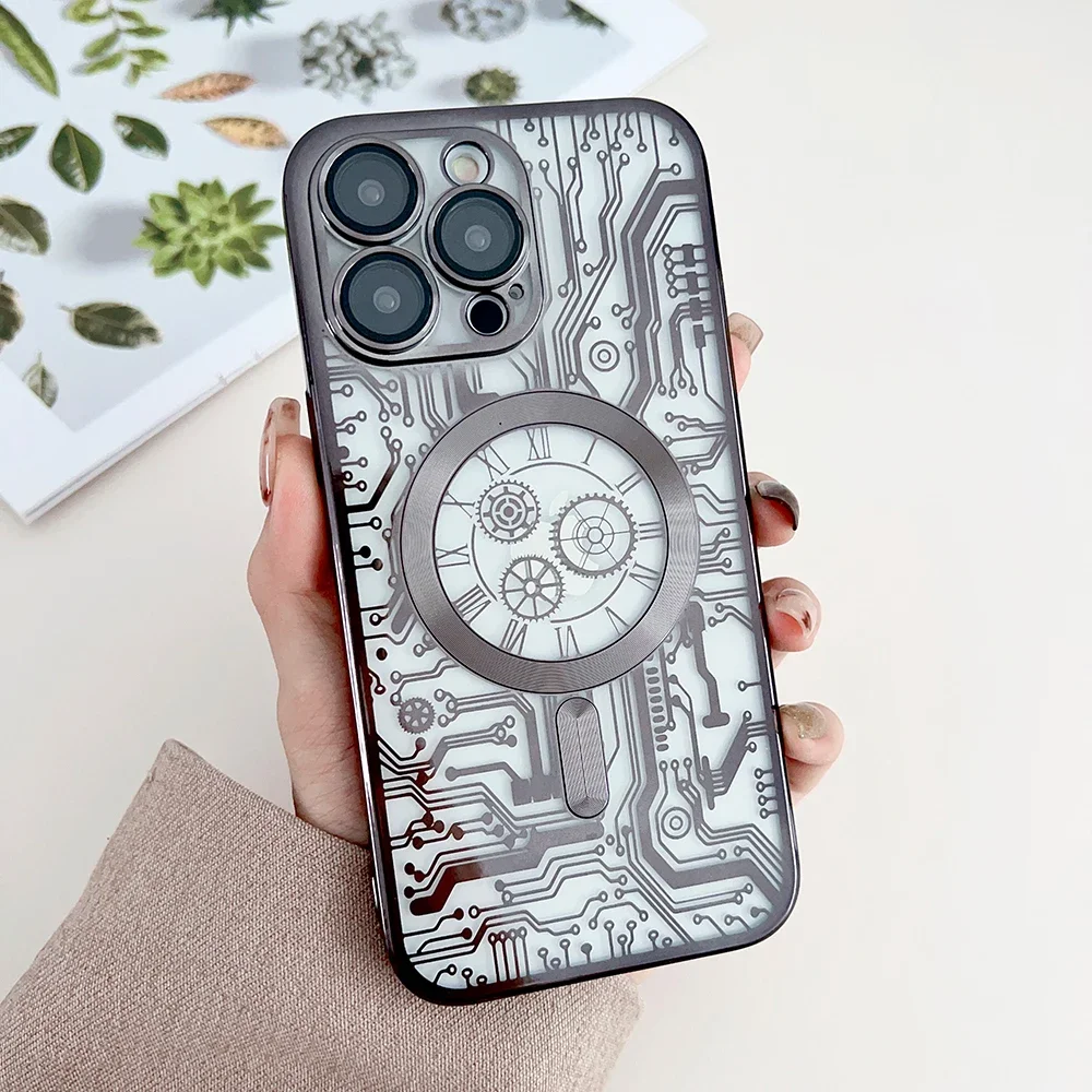 Funda magnética para iPhone 16, 15, 14, 13, 12, 11 Pro Max Plus, cubierta chapada en diagrama de circuito, carcasa transparente suave para Magsafe Funda - imagen 2
