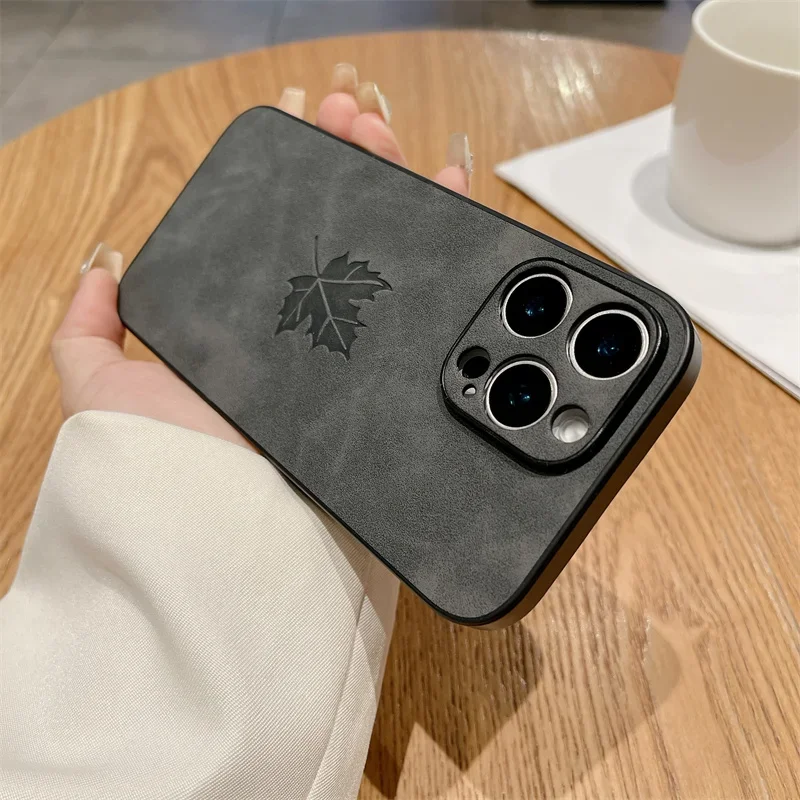 Funda de teléfono de cuero de hoja para iPhone 16 16E 15 14 Plus 13 12 11 Pro Max X XS Max XR cubierta trasera dura de PC a prueba de golpes - imagen 5