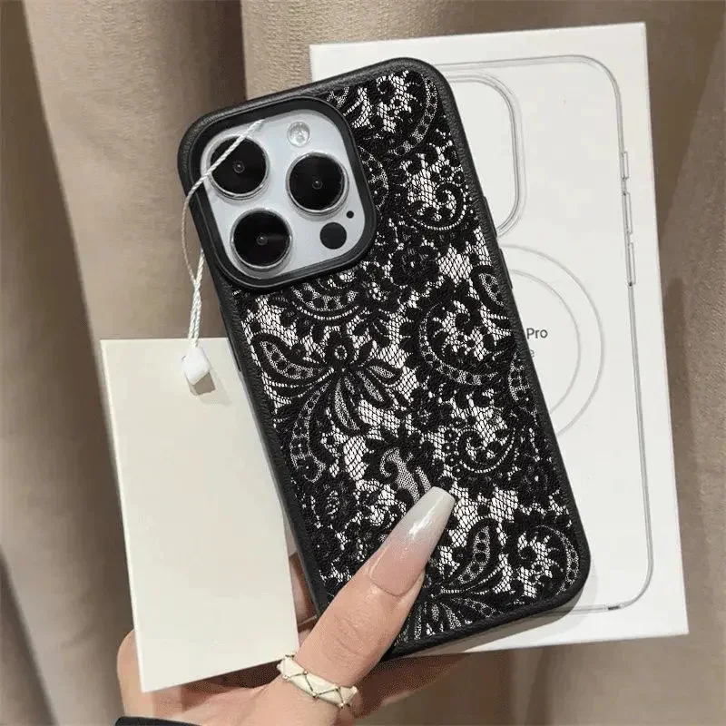 Funda de lujo con diseño de encaje negro para Iphone 17 Pro Max 17 Air 16 15 14 13 12 11 Pro Max 16e Funda de cuero personalizada para teléfono - imagen 4
