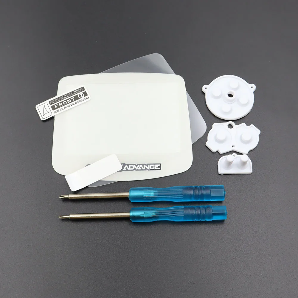Espejo de lente de plástico y película protectora transparente + botón de goma conductora y destornillador para Protector de lente de pantalla de consola GBA - imagen 3