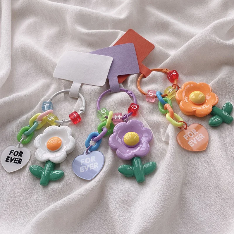 Cadena de teléfono colgante de flor de oso de dibujos animados para niñas, pulsera con dijes para teléfono móvil, Correa antipérdida, anillo colgante, llavero de joyería - imagen 2