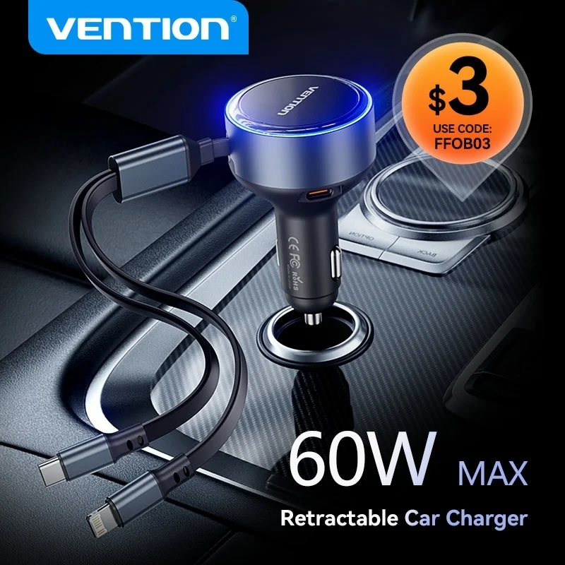 Vention-cargador de coche retráctil 2 en 1, 60W Max PD, carga rápida con Cable para iPhone, Samsung, Xiaomi