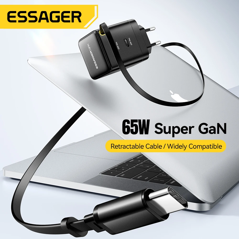 Cargador Essager 65W GaN con Cable Flexible retráctil PD carga rápida para iPhone 16 15 portátil Macbook tipo C cargador de teléfono - imagen 3