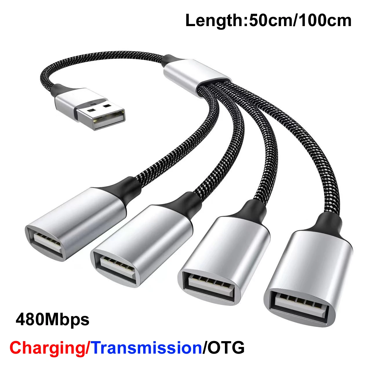 Adaptador OTG de 4 puertos USB, Cable de extensión para PC, portátil, teclado y ratón, 0,5 m/1m