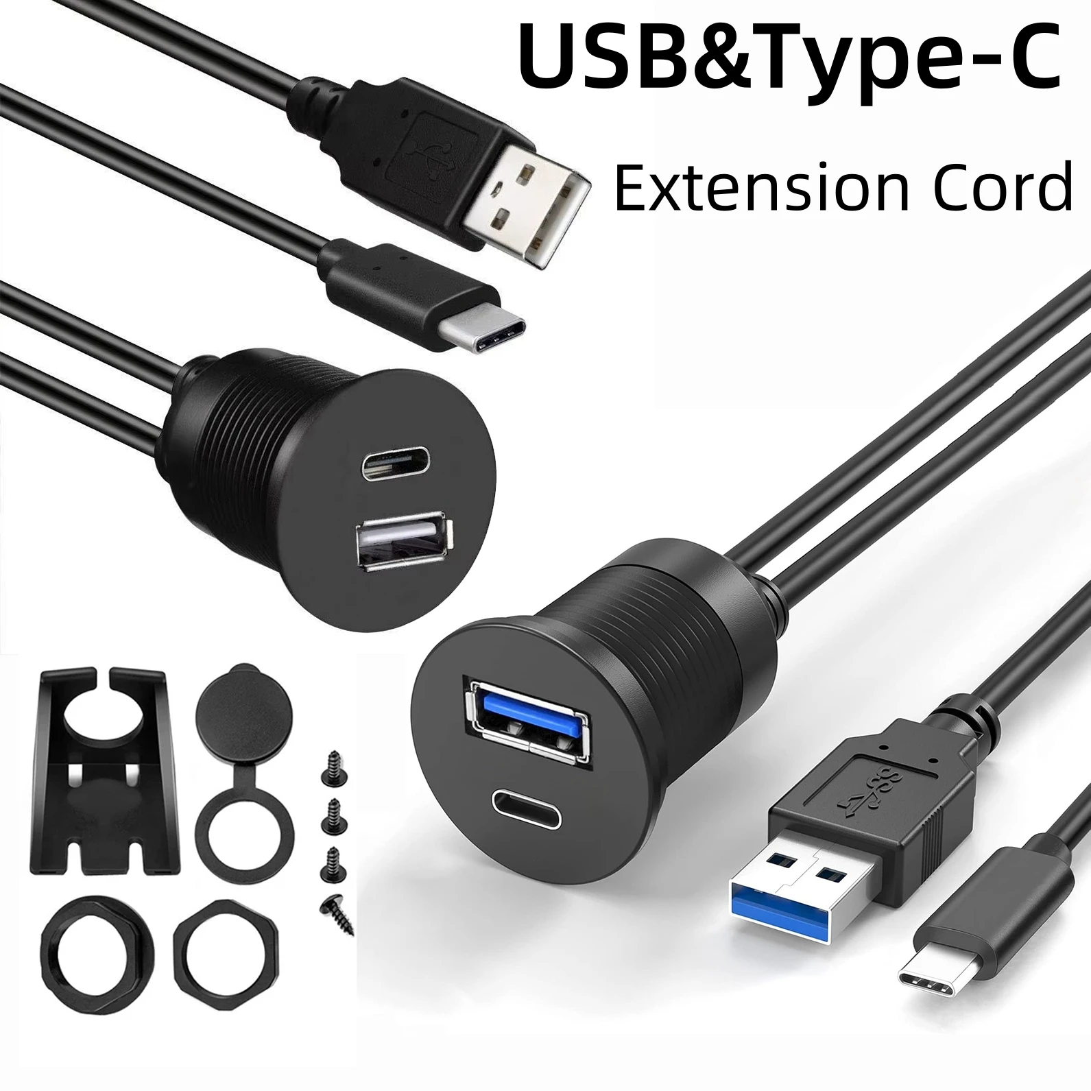 USB 2,0 A y tipo C USB 3,0 A y tipo C 2,0/3,0/3,1 Cable de extensión macho a hembra para montaje en Panel de salpicadero de coche Cable impermeable al ras
