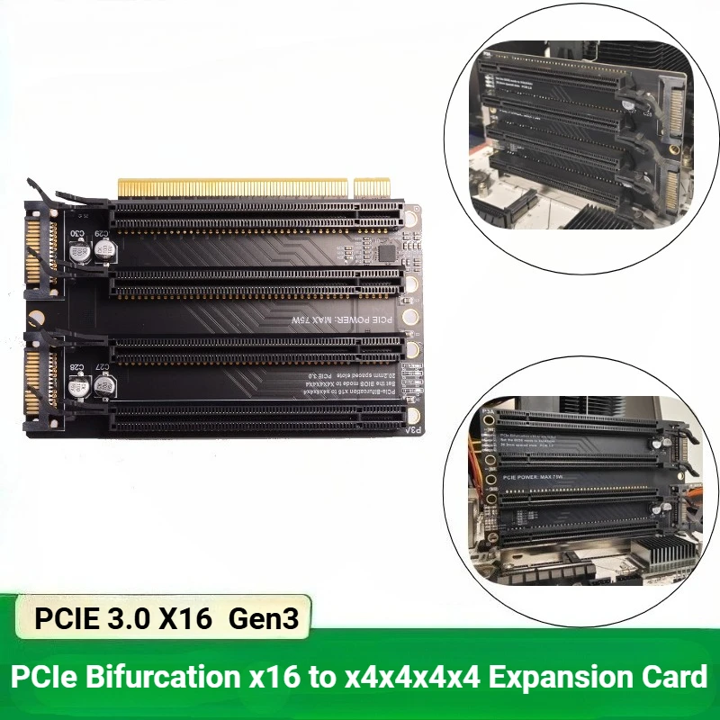Tarjeta de expansión PCIe-Bifurcación x16 a x4x4x4x4 PCI-E PCI-Express 3,0 x16 1 a 4 Gen3 tarjeta adaptadora puerto de alimentación SATA tarjeta dividida PC - imagen 2