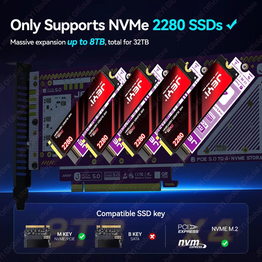 Tarjeta de expansión JEYI PCIe 5,0 X16 Quad M.2, adaptador NVMe RAID 0/1/5/JBOD, velocidad de 512 Gb/s, 8TB por SSD Compatible con PCIe 4,0/3,0 - imagen 4