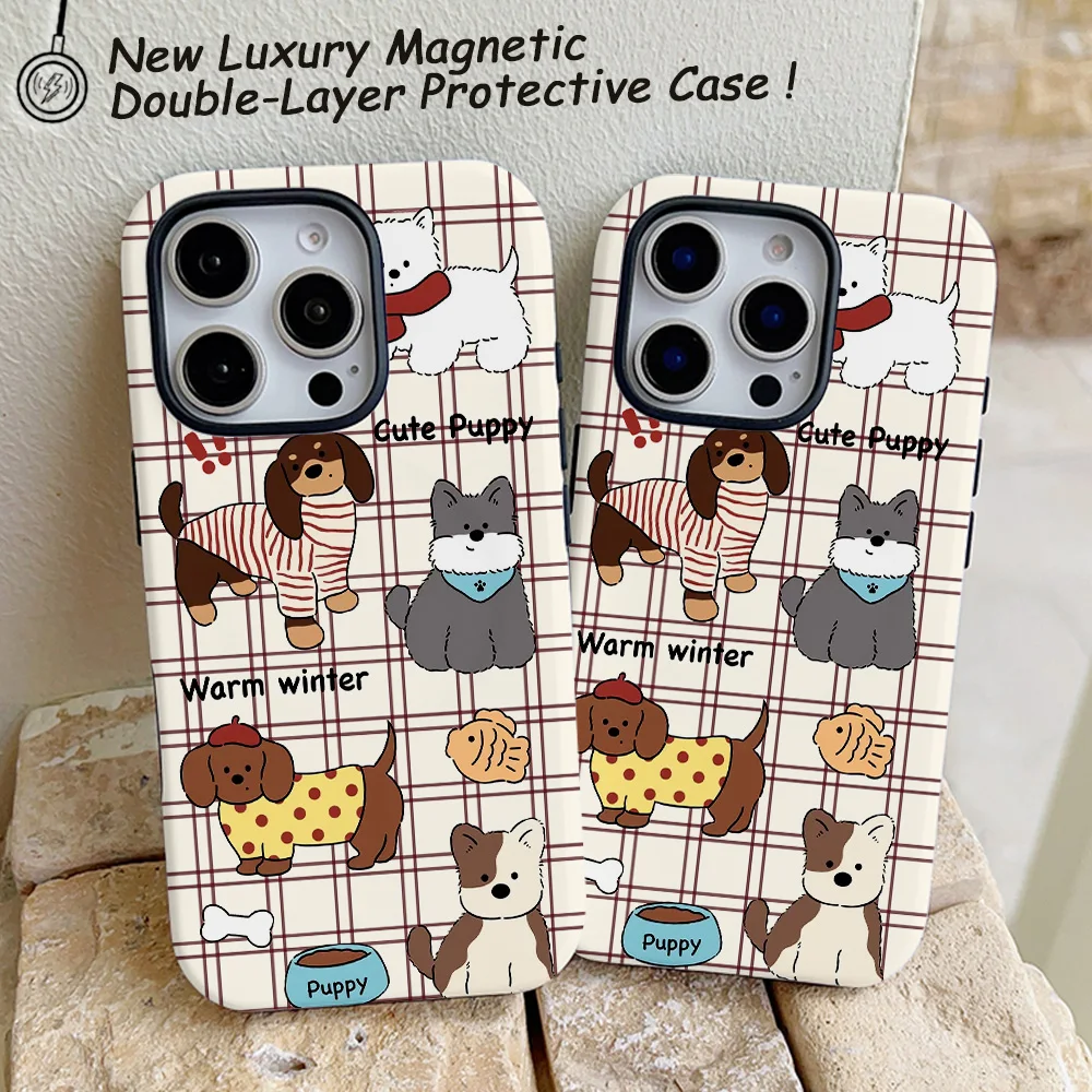 Funda de teléfono con dibujos de cachorros y gatos para iPhone 16, 15, 14, 13, 12, 11 Pro Max Plus, funda trasera magnética de lujo de doble capa - imagen 5