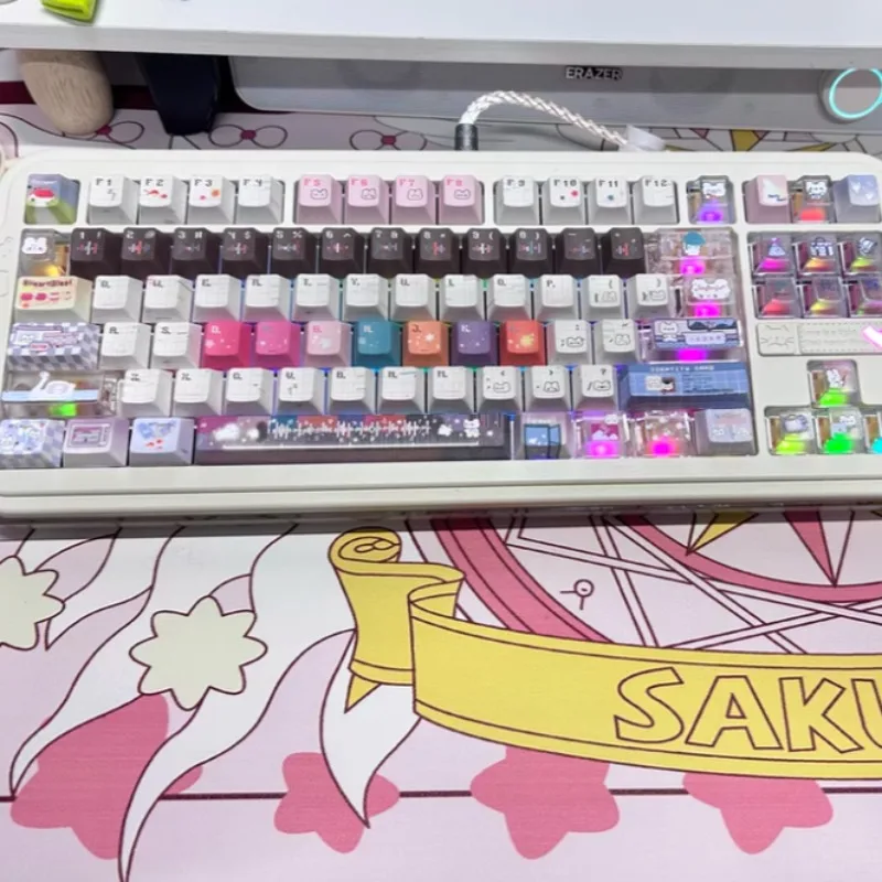 Gran oferta de teclas translúcidas esmeriladas, proceso de impresión en Color UV personalizado, tapa de llave de perfil de cereza PBT, tapa de tecla de punto bonito de dibujos animados para PC