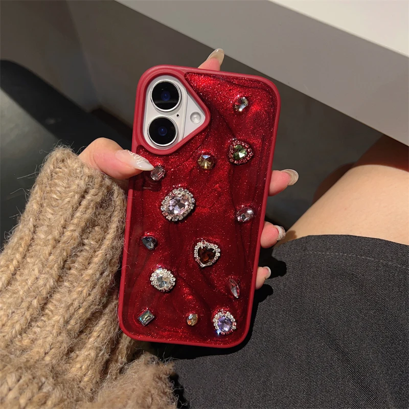 Funda de teléfono Diamond con diamantes de imitación y purpurina de lujo a la moda para iPhone 16 Pro Max 15 13 14 12 11 contraportada de silicona roja - imagen 2
