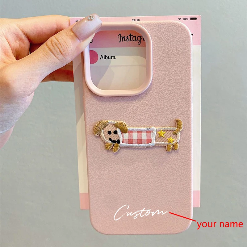 Funda de teléfono con nombre personalizado de perro bordado de dibujos animados en 3D para iPhone 16 15 14 13 11 12 Pro Max Plus X XS XR Candy DIY