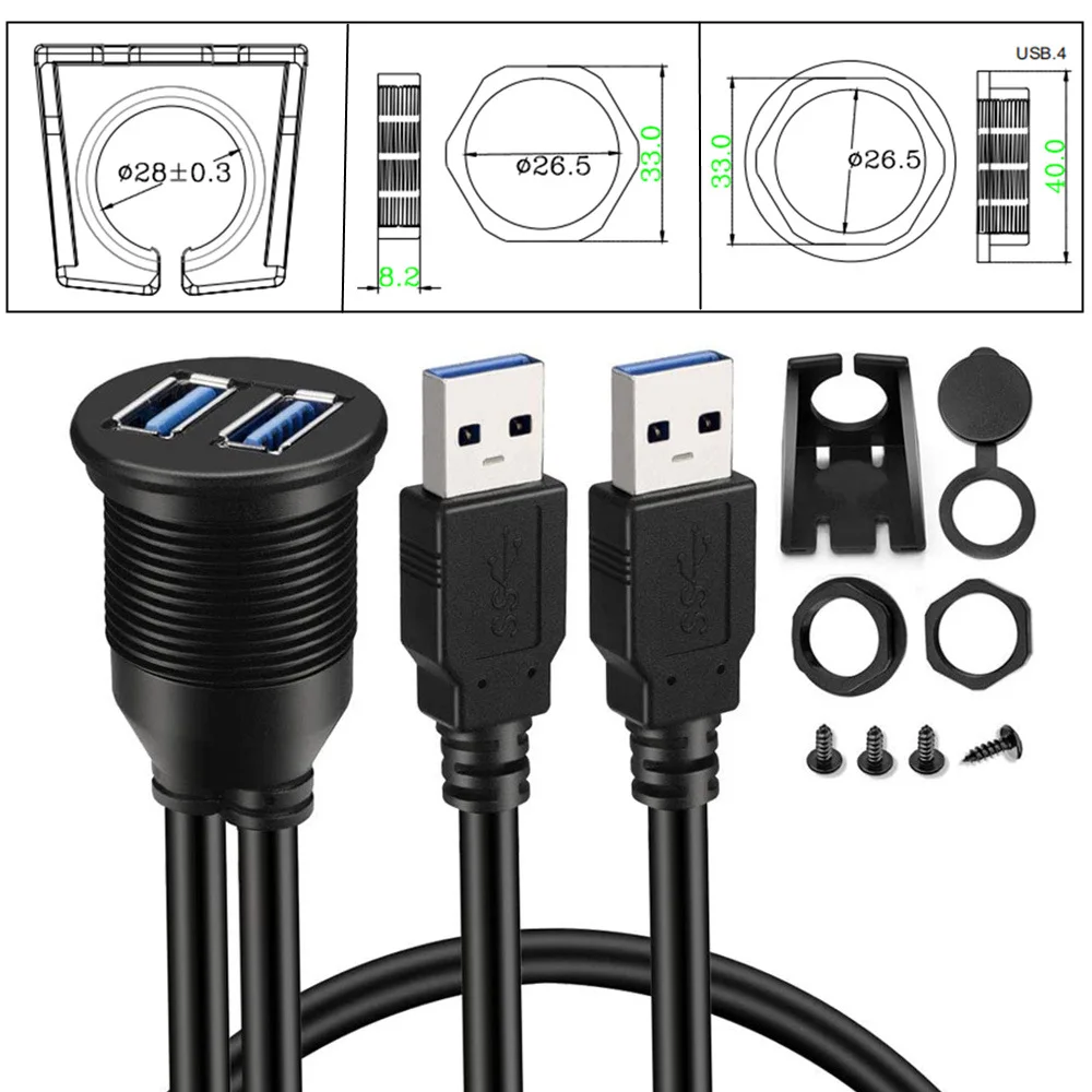 Doble puerto USB3.0 línea impermeable automóvil barco motocicleta tablero de instrumentos extensión de datos Cable de 100cm