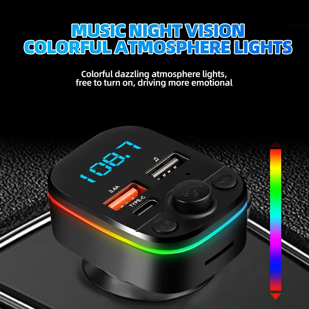 Transmisor FM para coche Bluetooth 5,0 manos libres con USB Dual tipo C 3.4A cargador rápido luz ambiental encendedor de cigarrillos modulador FM - imagen 4
