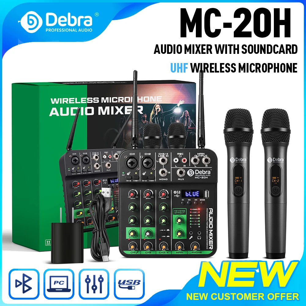 Consola mezcladora de sonido Debra de 4 canales con 2 micrófonos inalámbricos, interfaz de audio USB, efectos de retardo/repetición para PC y actuaciones en vivo - imagen 2