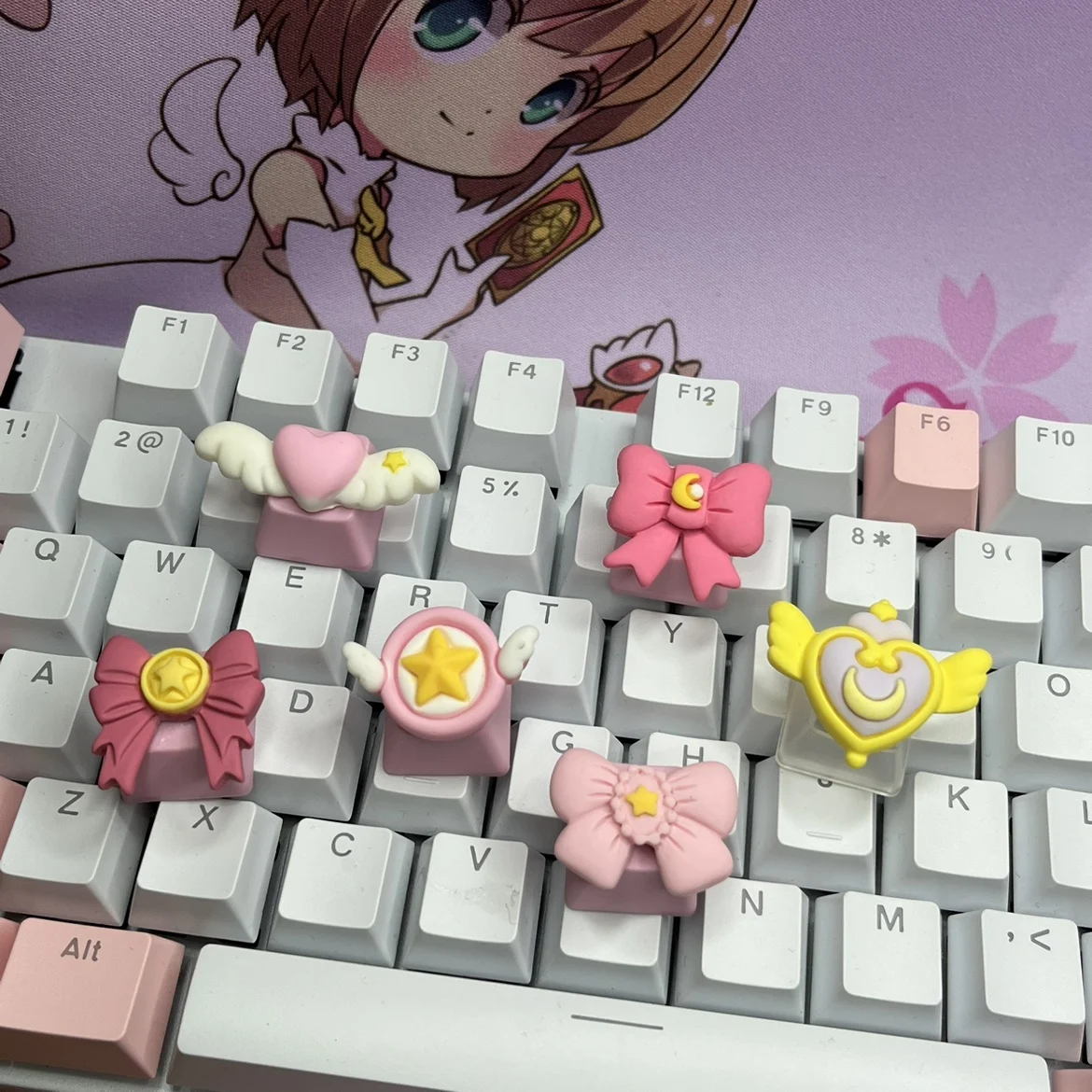 Tapa de tecla con lazo rosa para niña, decoración de ala de animación tridimensional, eje transversal, tapa de tecla de teclado mecánico