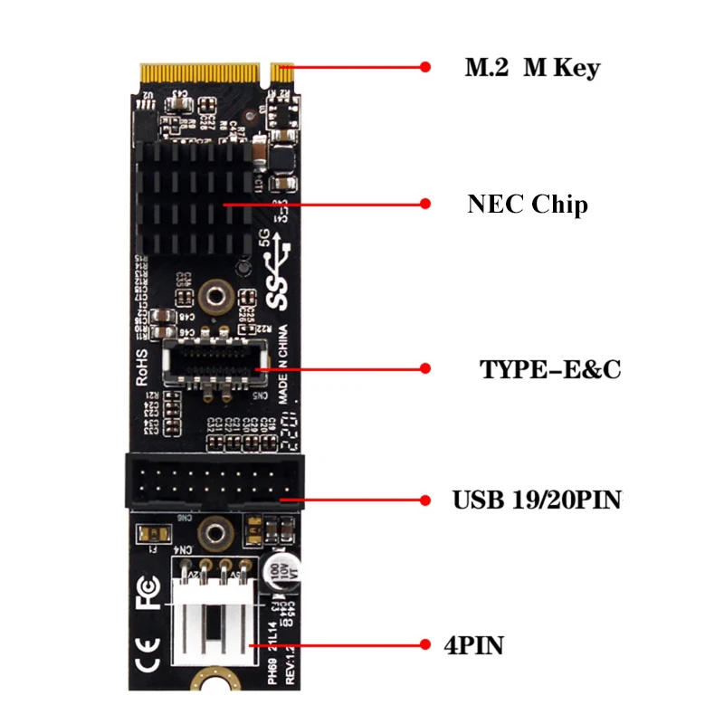 M.2 M Key NVME PCIe a USB 3,1 Tarjeta de placa de expansión del Panel frontal 10Gb TYPE-E + 5Gb 20 pines 2 puertos USB3.0 adaptador Hub Riser para PC - imagen 4