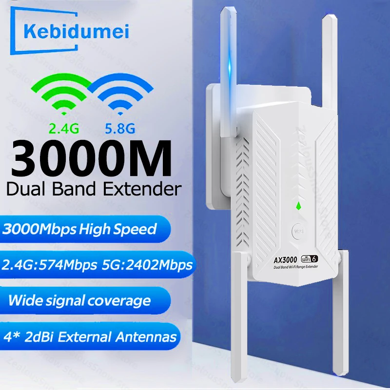 Repetidor Roteador WiFi 6 de 3000Mbps, amplificador de señal Wi-Fi 6, 2,4/5Ghz, 4 antenas de alta ganancia, amplificador extensor de largo alcance WPS, fácil configuración