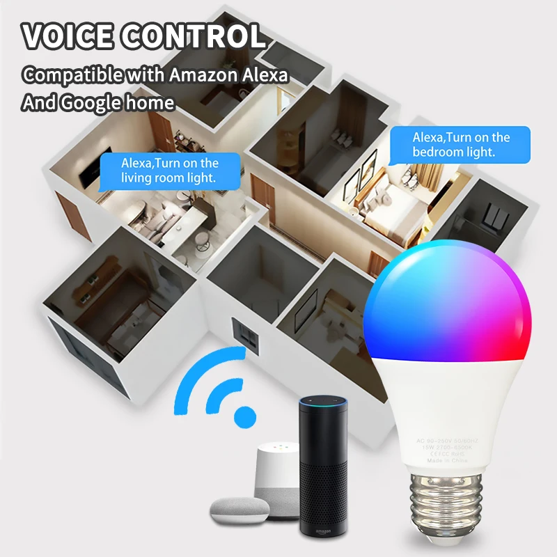 Bombilla inteligente TUYA de 15/9W, bombilla LED RGB E27 B22 con WiFi, para Alexa, Google Home, Yandex, Alice, 100-240V, regulable, Control por voz - imagen 3