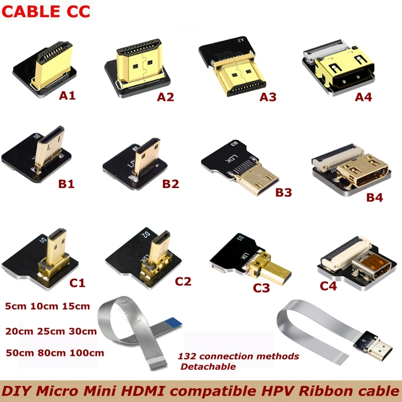 FPV Micro HDMI compatible con conector de 90 grados FPC Flexible plano Mini Cable de cinta HD FFC 20 pines para Drone Gopro DSLR Kit de cardán