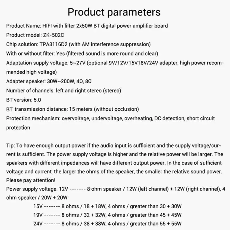 Una página de producto para una placa de amplificador de potencia digital