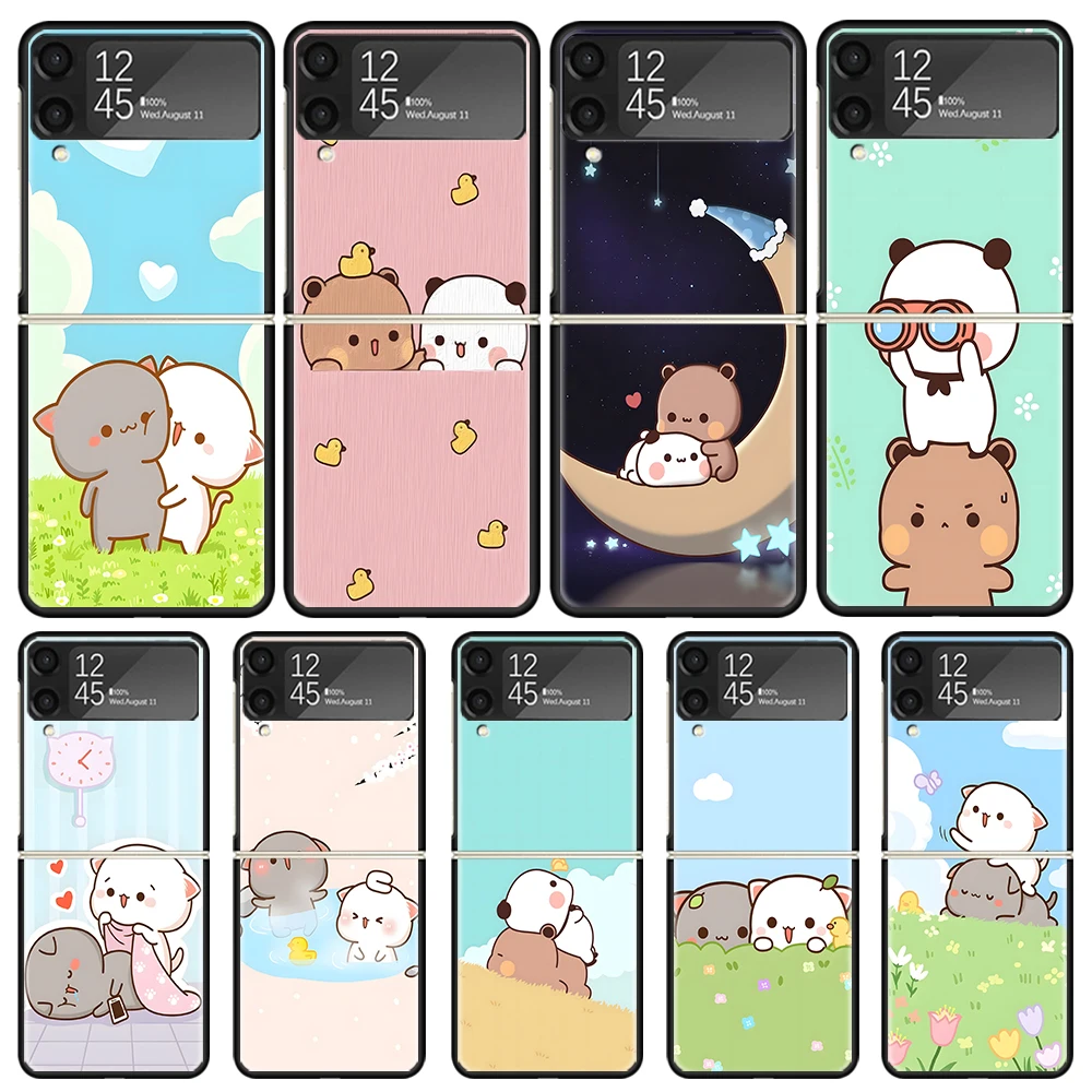 Fundas de teléfono negras con bonito gato melocotón Goma para Samsung Z Flip 7 6 5 4 3 galaxia de lujo ZFlip7 ZFlip6 Flip5 Flip4 Flip3 funda Z F