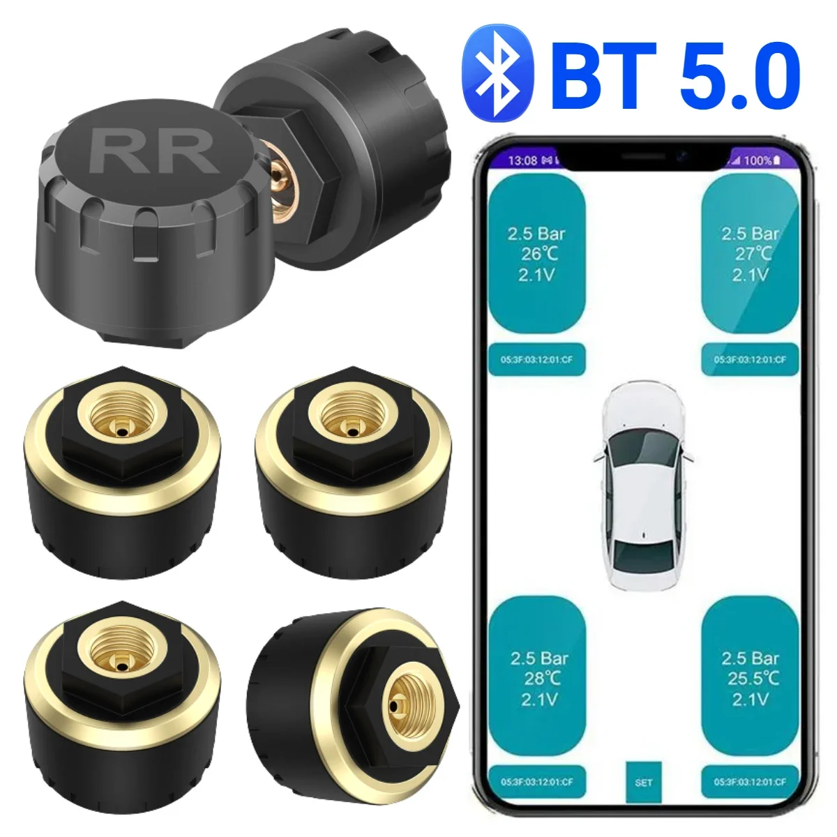 Sistema de control de presión de neumáticos TPMS para coche, pantalla de teléfono móvil con Bluetooth 5,0, Sensor de presión de neumáticos de motocicleta para Android