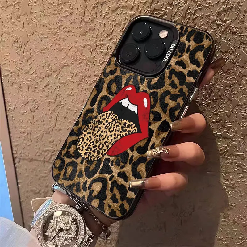 Funda con estampado de leopardo y labios rojos para iPhone 16 15 Pro Max 11 12 14 13 7 8 Plus X XS XR SE, funda de silicona con lengua grande para mujer - imagen 3