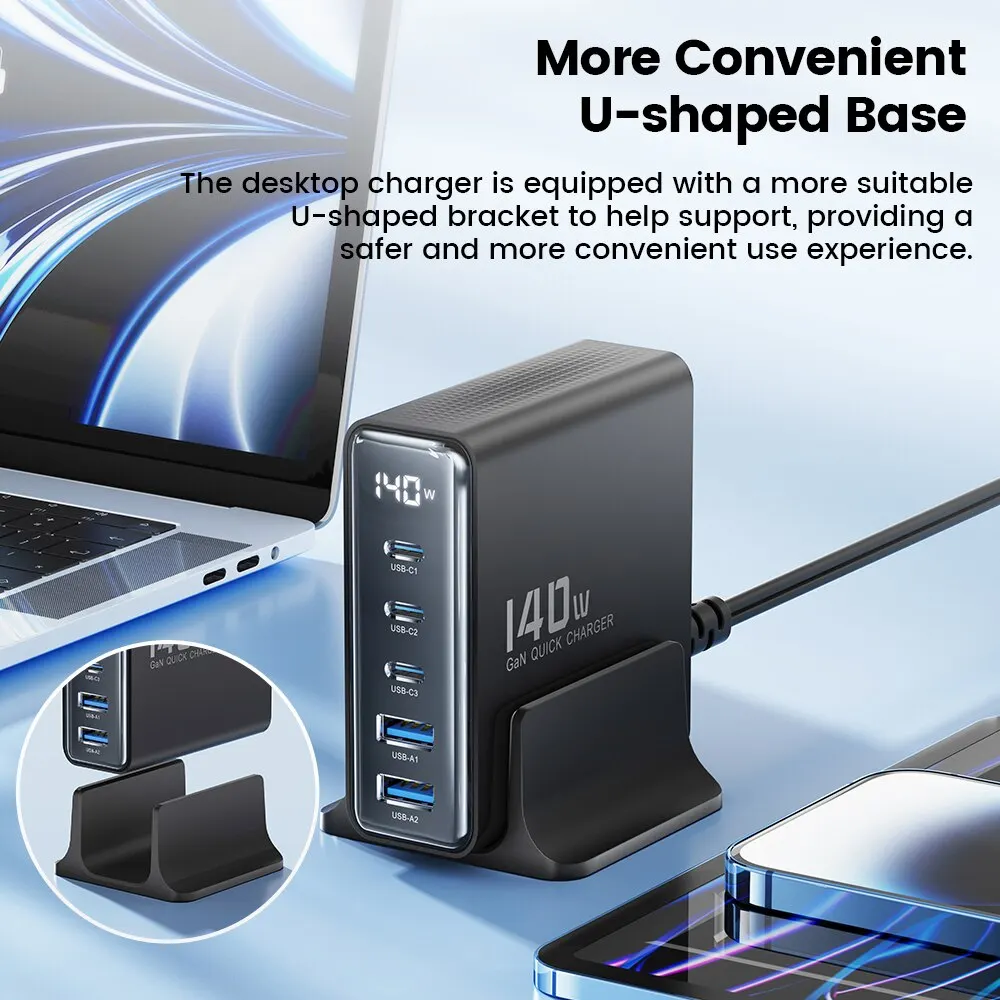 Toocki-cargador USB GaN 5 en 1 de 140W, dispositivo de carga rápida de escritorio, tipo C, pantalla LED, para iPhone, Xiaomi, Smartphone y portátil - imagen 4